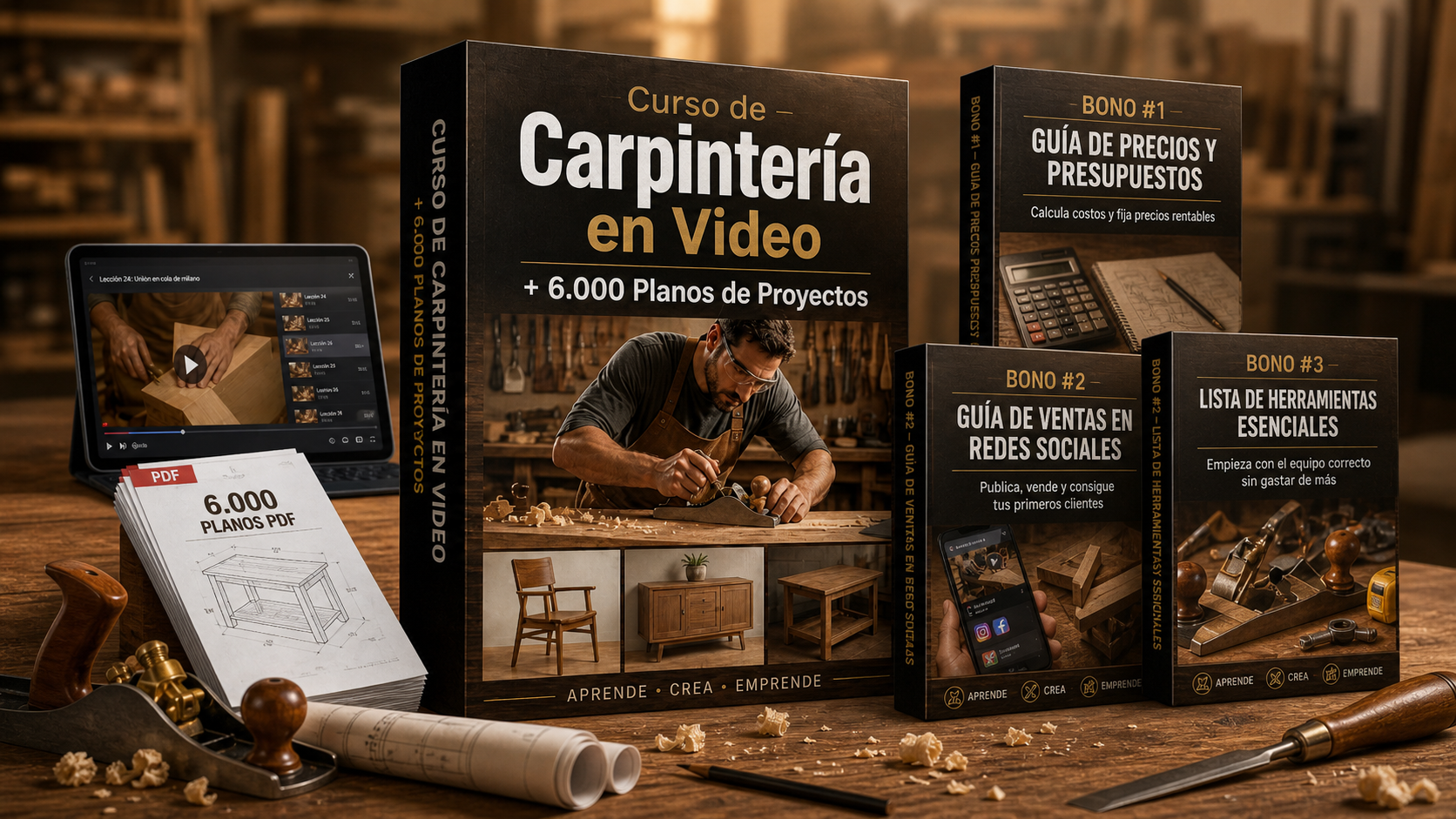 Banco de carpintería con herramientas
